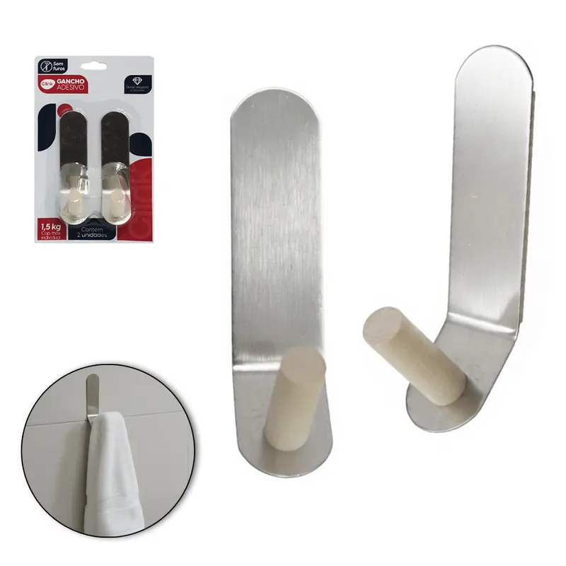 CABIDE GANCHO DE INOX / MADEIRA AUTOADESIVO COM 2 PECAS 9,7X4X2,5CM