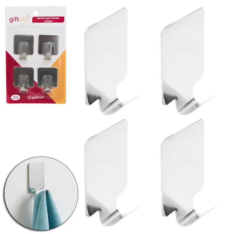CABIDE GANCHO DE INOX QUADRADO AUTOADESIVO COM 4 PECAS 4,5X3,5X1,5CM