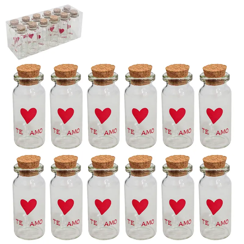 FRASCO / POTE DE VIDRO REDONDO TE AMO COM TAMPA CORTICA 12 PECAS 20ML