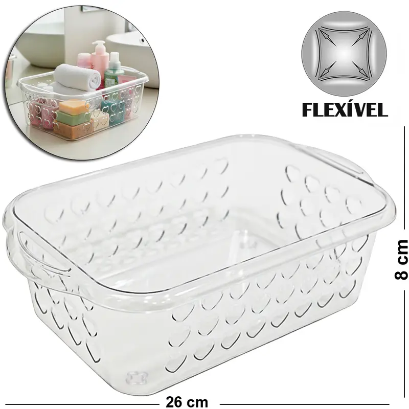 ORGANIZADOR DE PLASTICO PET FLEXIVEL RETANGULAR COM ALCA CORACAO VAZADO 26X15,5X8CM