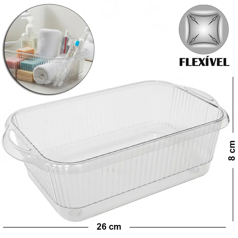 ORGANIZADOR DE PLASTICO PET FLEXIVEL RETANGULAR COM ALCA 26X15,5X8CM