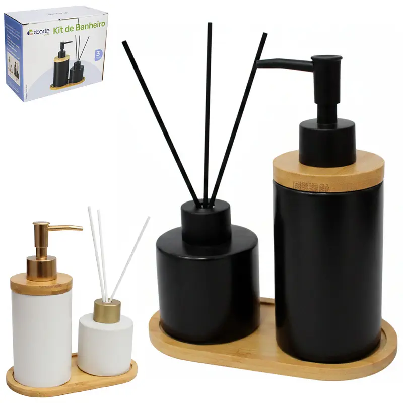 JOGO PARA BANHEIRO COM DIFUSOR DE AROMAS PARA AMBIENTES DE PORCELANA PRETO / BRANCO + SUPORTE DE BAMBU 3 PECAS 290/150ML