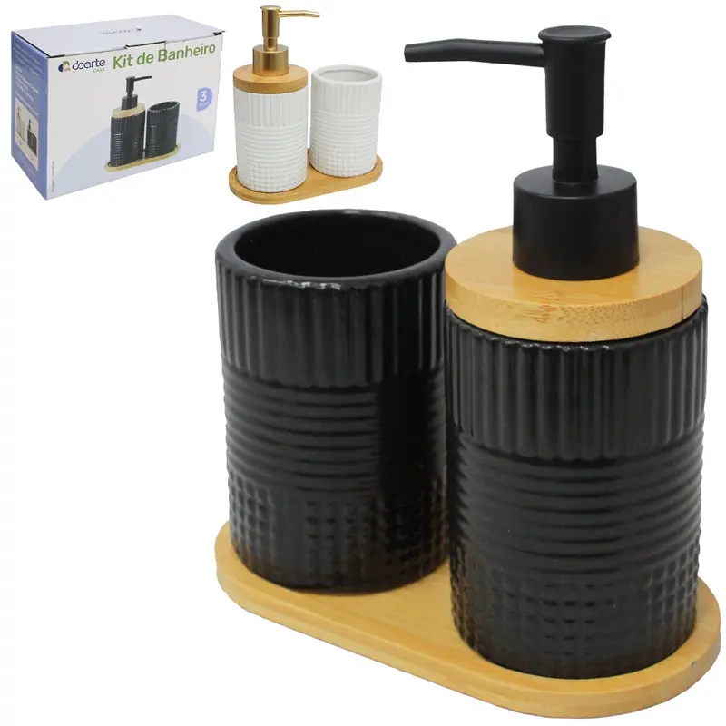 JOGO PARA BANHEIRO DE PORCELANA PRETO / BRANCO COM SUPORTE DE BAMBU 3 PECAS