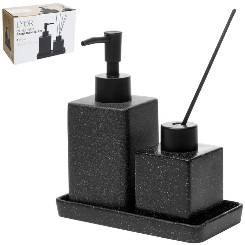JOGO PARA BANHEIRO COM DIFUSOR DE AROMAS PARA AMBIENTES + SUPORTE DE PORCELANA GRANILITE QUADRATTO PRETO 3 PECAS