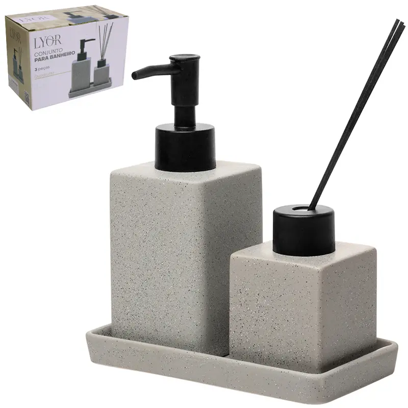JOGO PARA BANHEIRO COM DIFUSOR DE AROMAS PARA AMBIENTES + SUPORTE DE PORCELANA GRANILITE QUADRATTO CINZA 3 PECAS