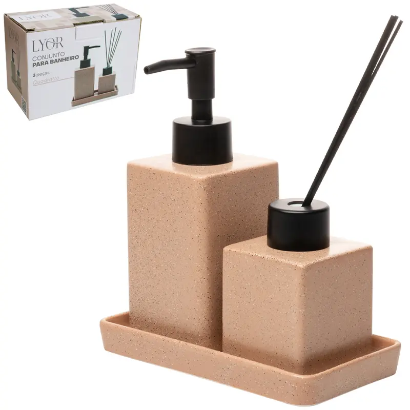 JOGO PARA BANHEIRO COM DIFUSOR DE AROMAS PARA AMBIENTES + SUPORTE DE PORCELANA GRANILITE QUADRATTO NUDE 3 PECAS