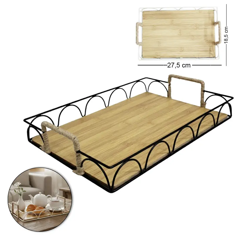 BANDEJA ARAMADO / MADEIRA MDF RETANGULAR DECORATIVA COM ALCA DE CORDA BLACK / WHITE DECOR 27,5X18,5X6,5CM