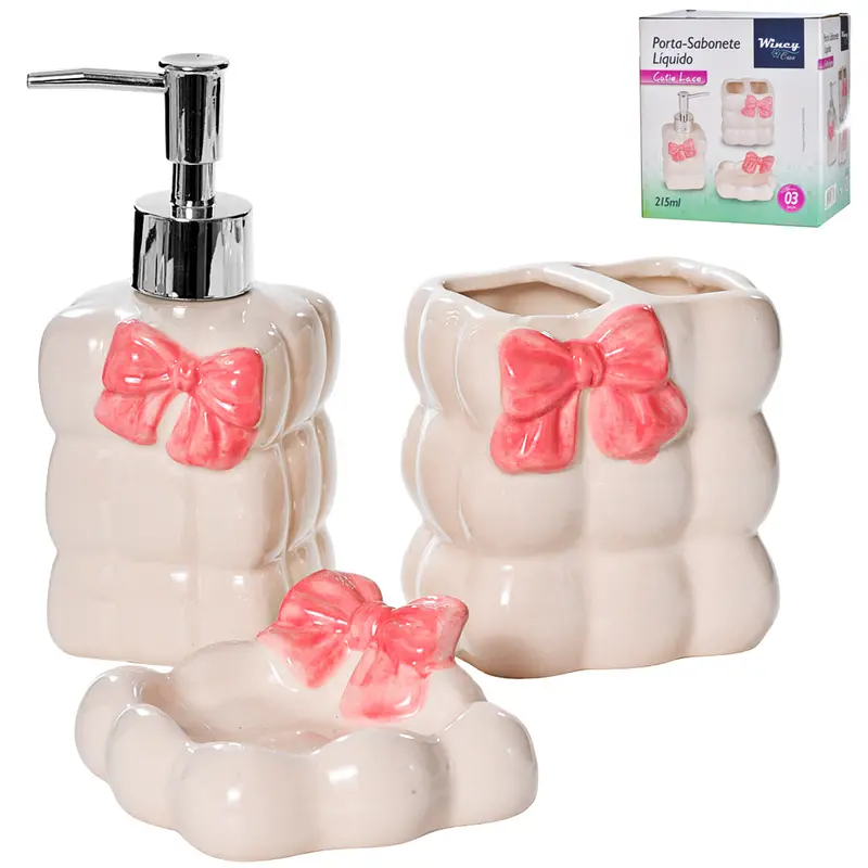 JOGO PARA BANHEIRO DE PORCELANA CUTIE LACE LACO COM 3 PECAS