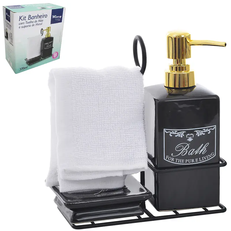 JOGO PARA BANHEIRO DE PORCELANA COM SUPORTE ARAMADO 19X17X8CM + TOALHA DE MAO DE POLIESTER 22X22CM