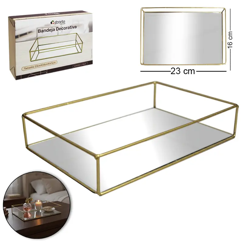 BANDEJA ARAMADO COM ESPELHO RETANGULAR DECORATIVA METALIZADO DOURADO DECOR 23X16X4,5CM