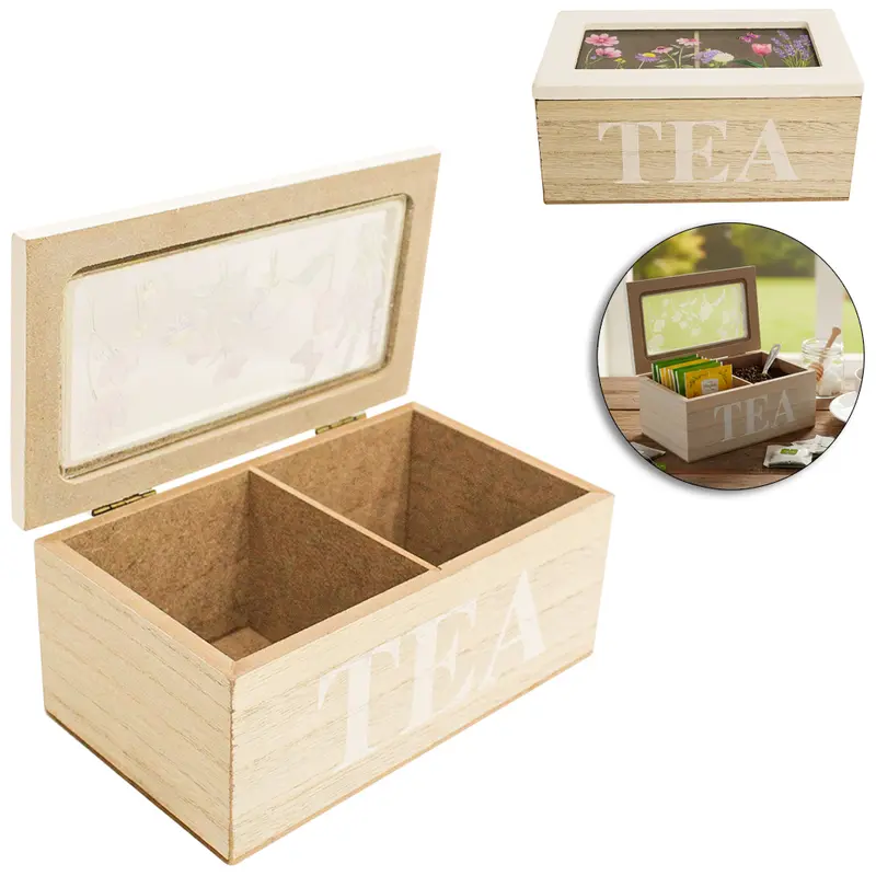 CAIXA ORGANIZADOR DE MADEIRA MDF RETANGULAR PARA CHA TEA COM 2 DIVISORIAS + TAMPA DE VIDRO 16,5X9,5X7,5CM