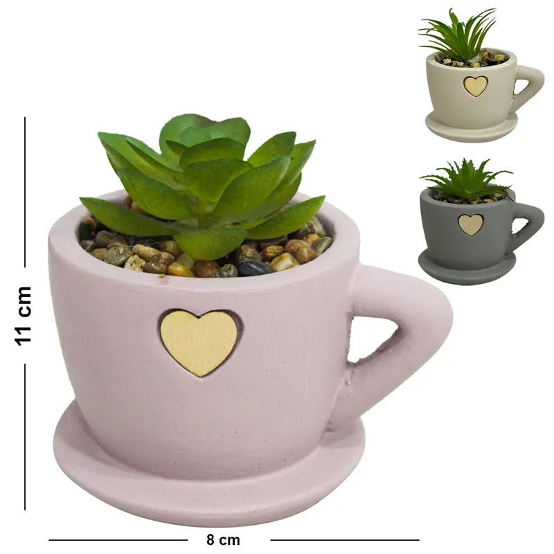 FLOR PERMANENTE SUCULENTA COM VASO DE CIMENTO XICARA COM PIRES 11X8X6,5CM