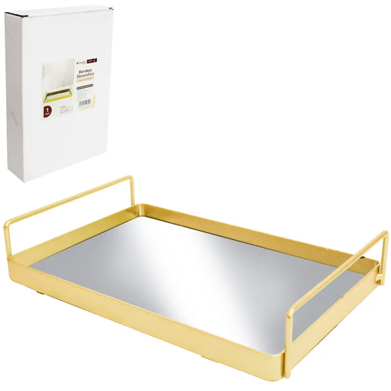 BANDEJA DE METAL COM ESPELHO RETANGULAR + ALCA DECORATIVA METALIZADO DOURADO DECOR 27X18X5CM