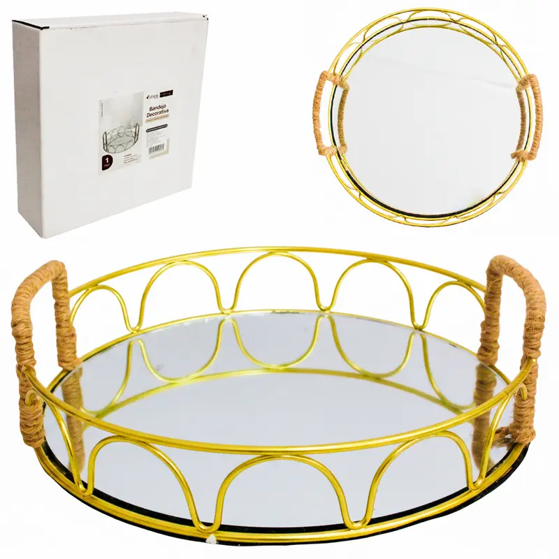 BANDEJA ARAMADO COM ESPELHO REDONDO + ALCA DE CORDA DECORATIVA METALIZADO DOURADO DECOR 6,5X24,5CM DE Ø