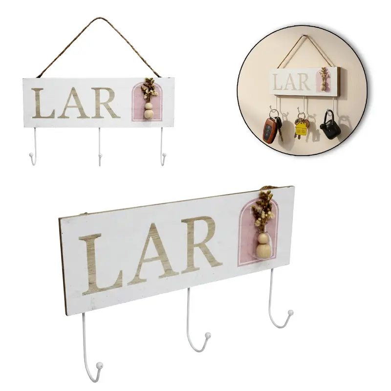 PORTA CHAVE / PANO DE MADEIRA MDF RETANGULAR LAR COM 3 GANCHOS DE METAL 30,5X17,5X4,5CM