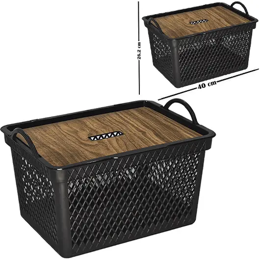 CESTO ORGANIZADOR DE PLASTICO RETANGULAR TELADO COM ALCA + TAMPA LABEL TIPO MADEIRA 20L 40X30X26,2CM