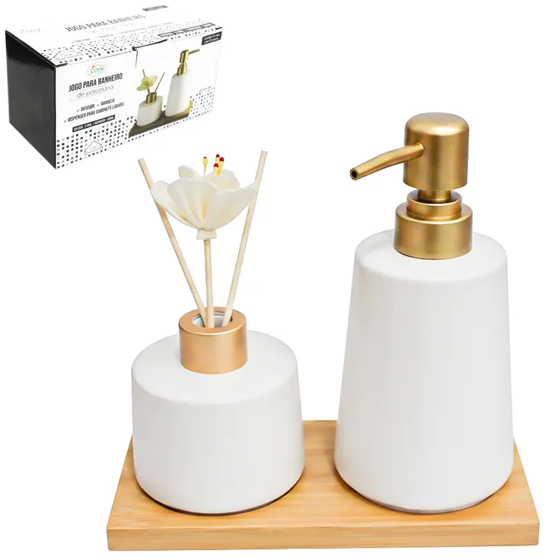 JOGO PARA BANHEIRO COM DIFUSOR DE AROMAS PARA AMBIENTES + SUPORTE DE BAMBU 3 PECAS 350/210ML