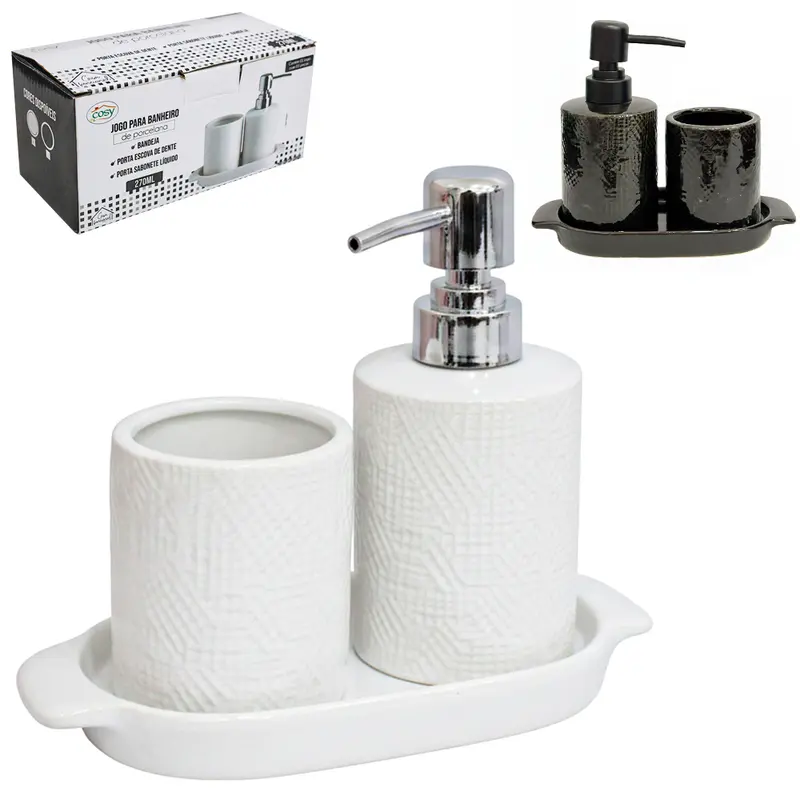 JOGO PARA BANHEIRO COM SUPORTE DE PORCELANA 3 PECAS 270ML