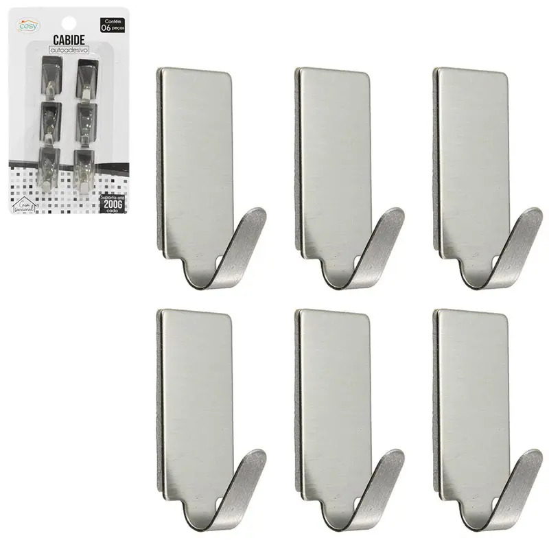 CABIDE GANCHO DE INOX RETANGULAR AUTOADESIVO COM 6 PECAS 3,5X1,5CM