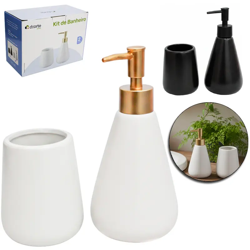 JOGO PARA BANHEIRO DE PORCELANA REDONDO PRETO / BRANCO COM 2 PECAS