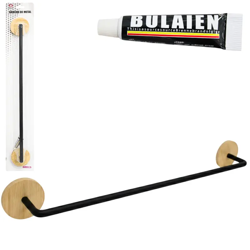 SUPORTE ORGANIZADOR PORTA TOALHA DE PAREDE DE BAMBU / METAL COM COLA 48X6X5,5CM