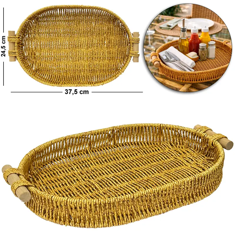 BANDEJA DE PLASTICO TIPO VIME OVAL COM ALCA DE MADEIRA MOMENT 37,5X24,5X4,5CM