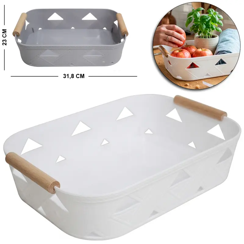 CESTO ORGANIZADOR DE PLASTICO RETANGULAR BORDA COSTURA COM ALCA DE MADEIRA 31,8X23X7CM