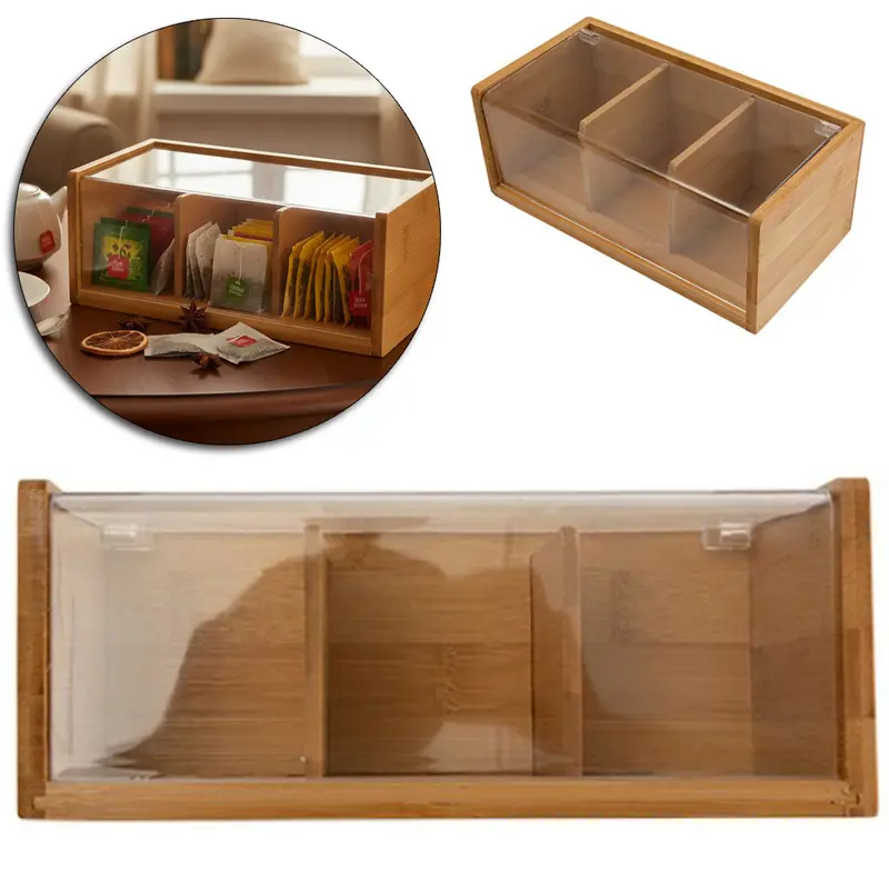 CAIXA ORGANIZADOR DE BAMBU RETANGULAR PARA CHA COM 3 DIVISORIAS + TAMPA DE ACRILICO FACILE 21,8X11,3X8,7CM