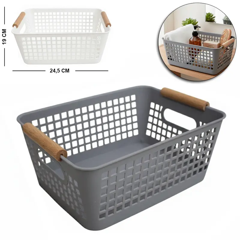 CESTO ORGANIZADOR DE PLASTICO RETANGULAR VAZADO COM ALCA DE MADEIRA 24,5X19X10CM
