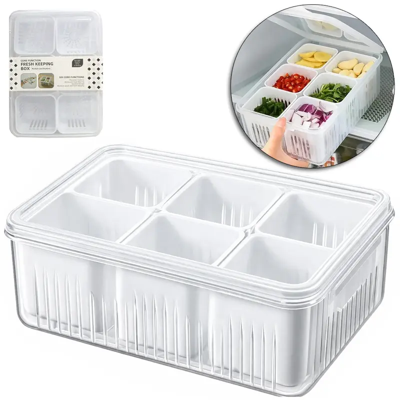 POTE ORGANIZADOR DE PLASTICO RETANGULAR COM 6 CESTOS ESCORREDOR + TAMPA 23,5X16,5X8CM