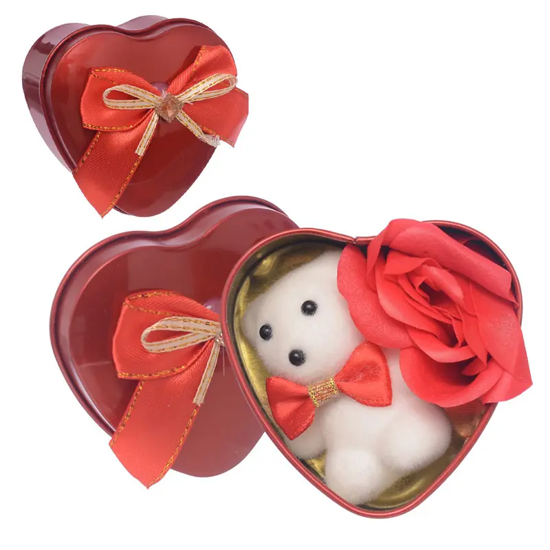 CAIXA CORACAO DE METAL PARA PRESENTE COM LACO + URSO + FLOR PERMANENTE BOTAO DE ROSA