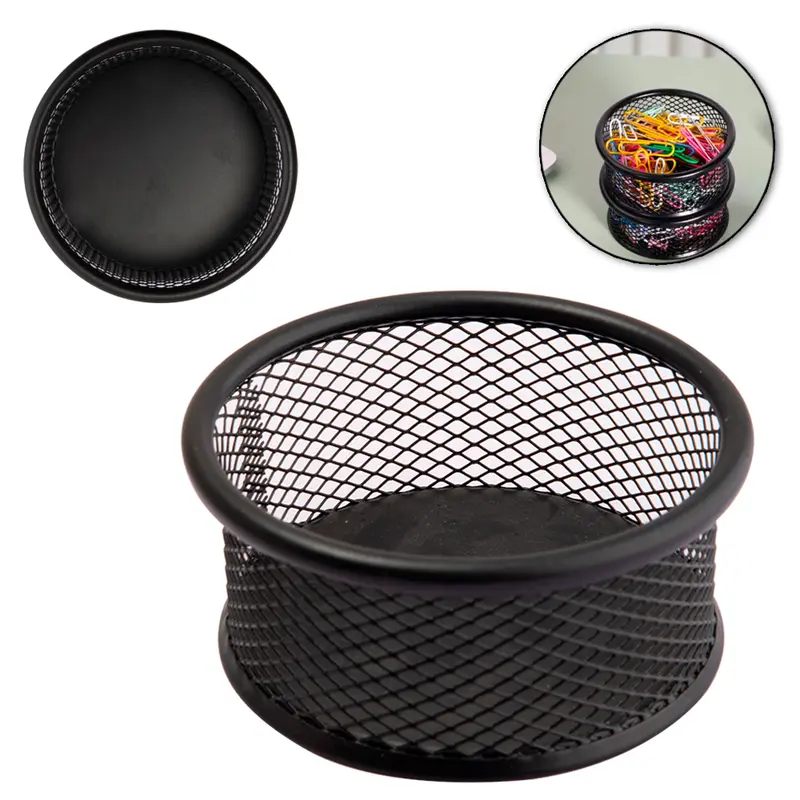 ORGANIZADOR DE MESA DE ESCRITORIO PORTA CLIPS ARAMADO REDONDO PRETO 4X9CM DE Ø