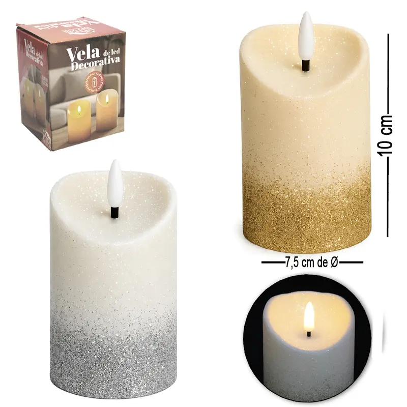 VELA DECORATIVA ELETRONICA DE LED COM GLITTER INTER DECOR A PILHA 10X7,5CM DE Ø