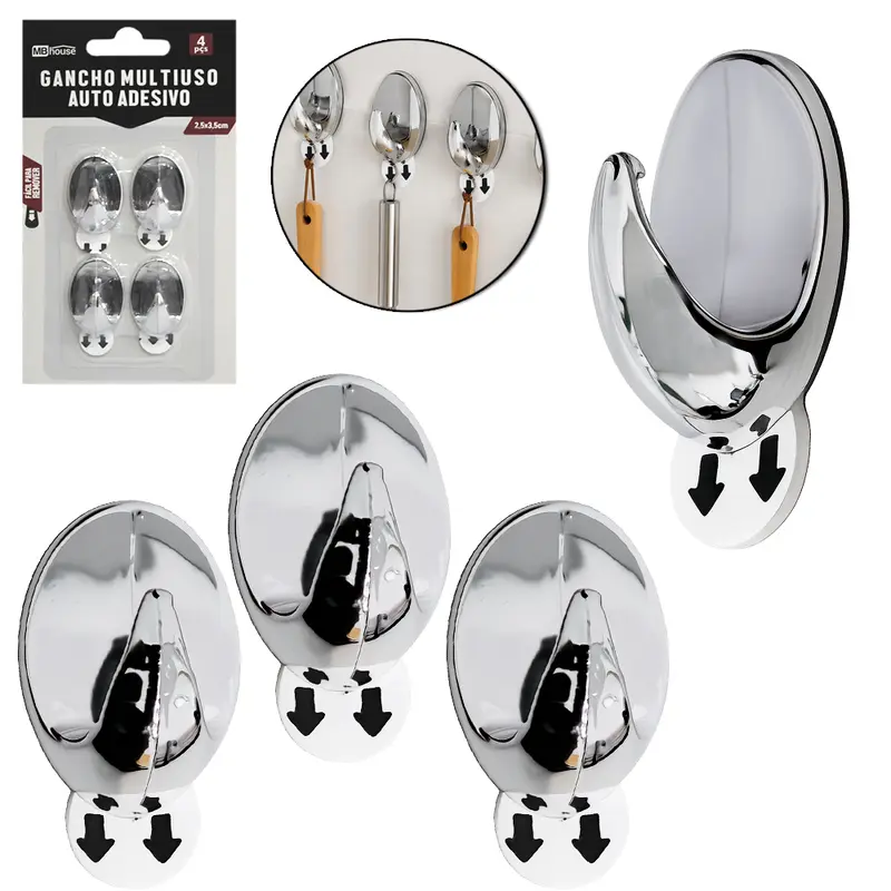 CABIDE GANCHO DE PLASTICO OVAL AUTOADESIVO COM 4 PECAS 3,5X2,5CM MB HOUSE