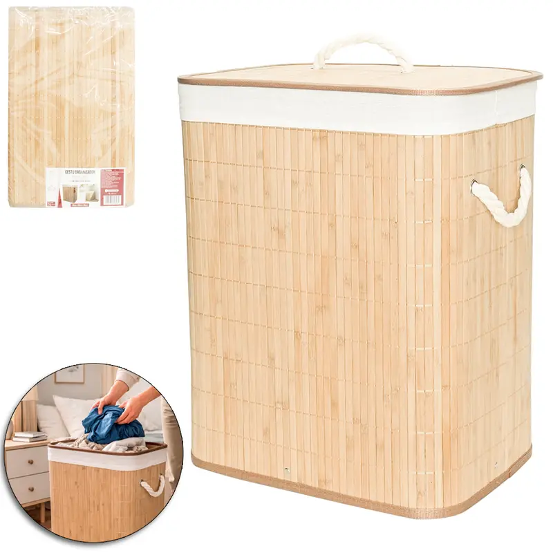 CESTO ORGANIZADOR PARA ROUPAS / ROUPEIRO DE BAMBU COM TAMPA E ALCA BRANCA 50X40X30CM