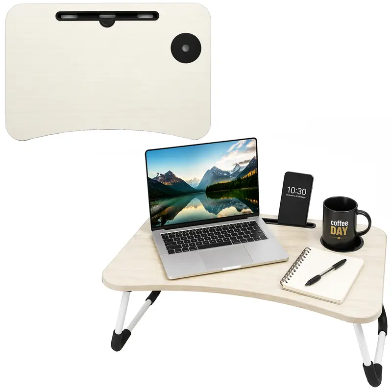 MESA SUPORTE DE MADEIRA MDF RETANGULAR BEGE PARA NOTEBOOK COM PORTA COPO + PES RETRATEIS DE METAL 60X40X28CM