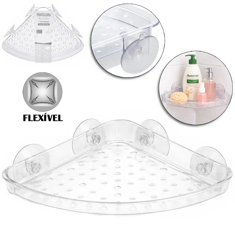 CANTONEIRA PRATELEIRA DE CANTO DE PLASTICO PET FLEXIVEL COM VENTOSA 28X18X3CM