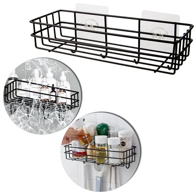 SUPORTE PRATELEIRA ORGANIZADOR ARAMADO 4 GANCHOS + AUTOADESIVO BLACK