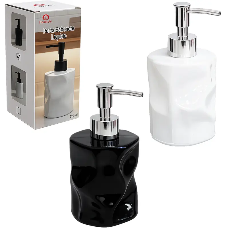 PORTA SABONETE LIQUIDO DE VIDRO REDONDO PRETO / BRANCO 320ML