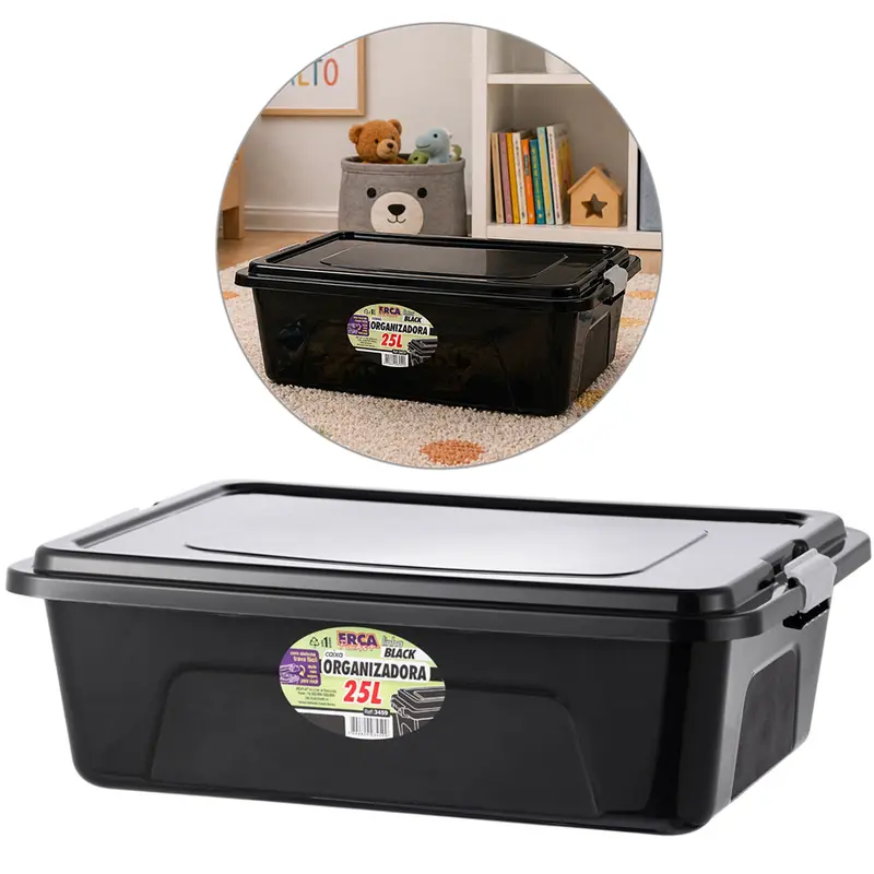 CAIXA ORGANIZADOR CONTAINER DE PLASTICO RETANGULAR BLACK COM TAMPA + TRAVA E ALCA 25L 55X40X17,5CM