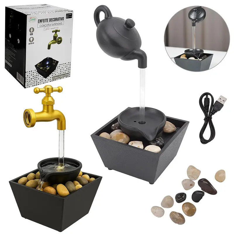 FONTE DE AGUA DECORATIVA CASCATA LUMINOSA EFEITO SUSPENSO DE RESINA COM LED + USB 27X11,5X11,5CM
