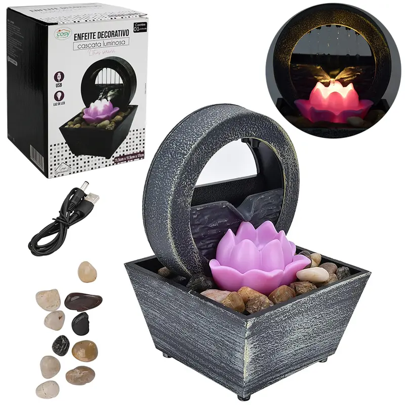 FONTE DE AGUA DECORATIVA CASCATA LUMINOSA LOTUS SERENA DE RESINA COM LED + USB 17X11,5X11,5CM