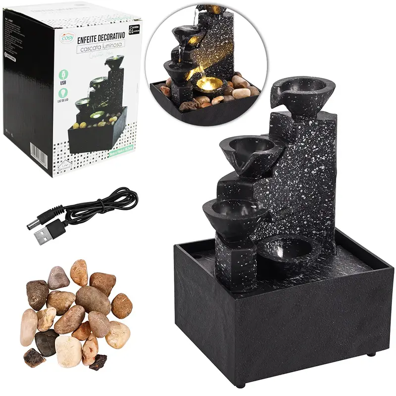 FONTE DE AGUA DECORATIVA CASCATA LUMINOSA ZEN DE RESINA COM LED + USB 16,5X11X9CM