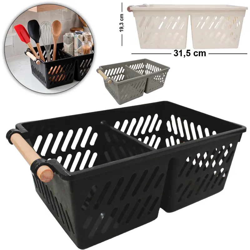 CESTO ORGANIZADOR DE PLASTICO RETANGULAR VAZADO 2 DIVISORIAS + ALCA MADEIRA MULTI-PURPOSE STORAGE BASKETS 31,5X19,3X11,5
