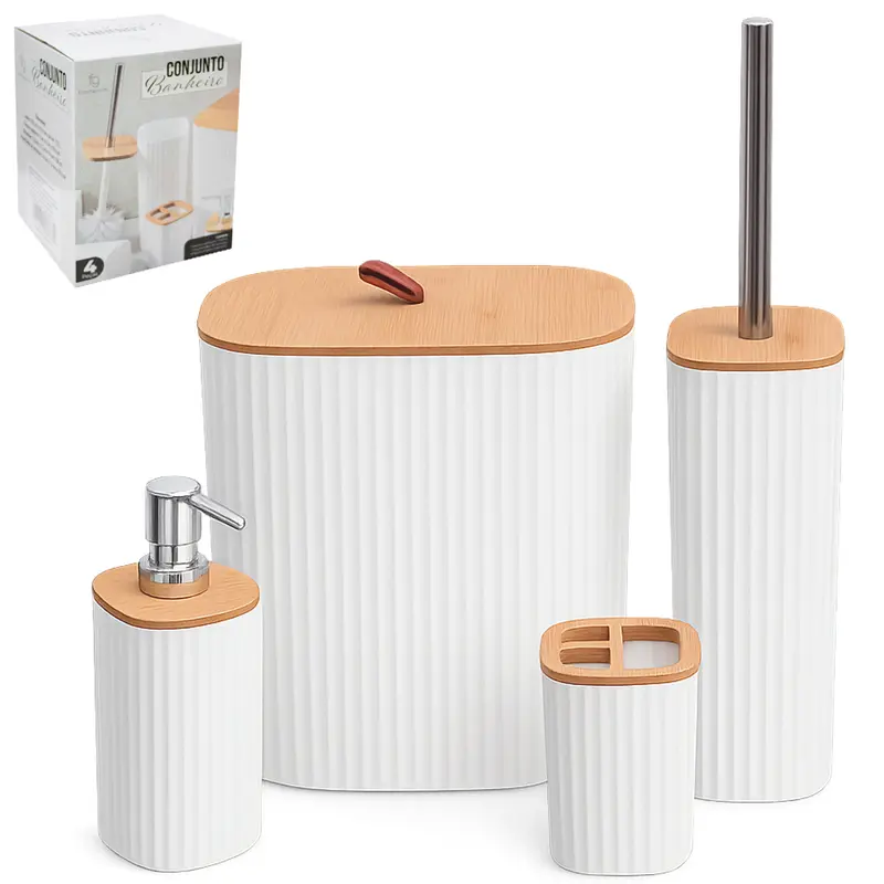 JOGO PARA BANHEIRO COM LIXEIRA + ESCOVA SANITARIA CABO INOX+ PORTA SABONETE LIQUIDO E PORTA ESCOVA DE PLASTICO / BAMBU