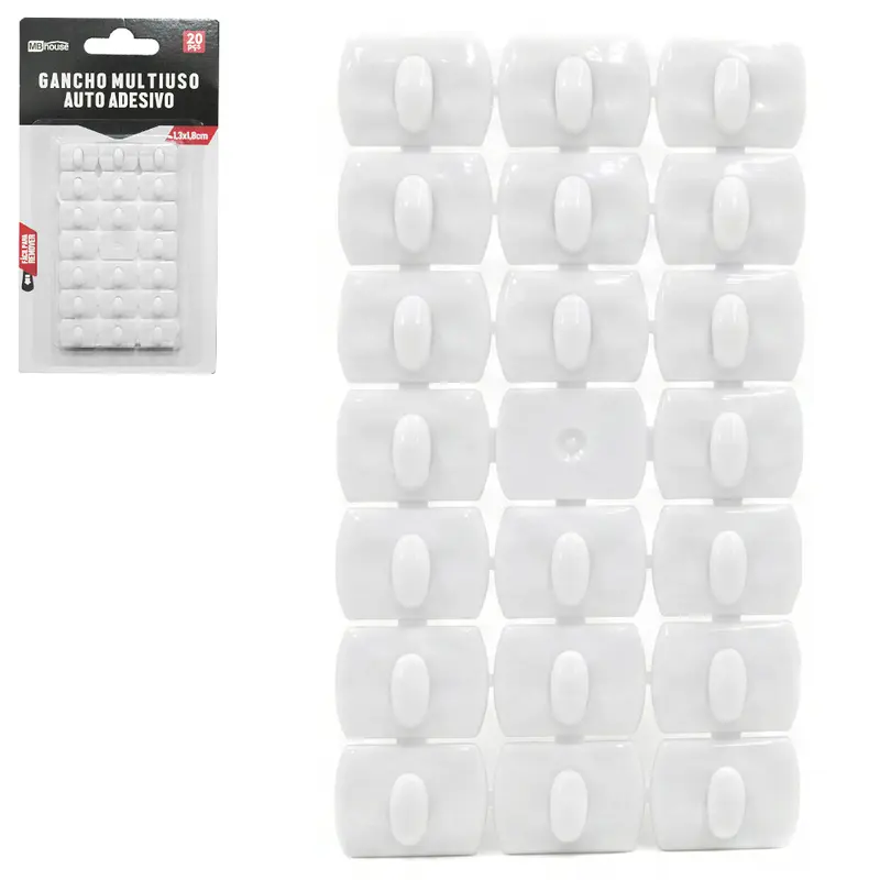 CABIDE GANCHO DE PLASTICO RETANGULAR AUTOADESIVO COM 20 PECAS 1,8X1,3CM MB HOUSE