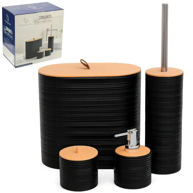JOGO PARA BANHEIRO COM LIXEIRA / ESCOVA SANITARIA CABO INOX/PORTA SABONETE LIQUIDO / PORTA ALGODAO / COTONETE PLASTICO
