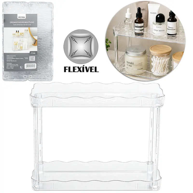 ORGANIZADOR PRATELEIRA DUPLA DE PLASTICO PET FLEXIVEL RETANGULAR MULTIUSO 26,5X21X9CM
