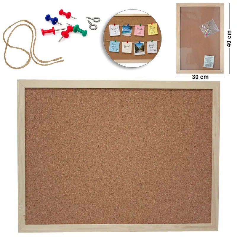 QUADRO PORTA RECADO CORTICA DE MADEIRA COM 5 ALFINETE / TACHINHA TACA E CORDA 40X30CM