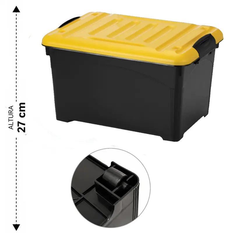 CAIXA ORGANIZADOR CONTAINER PLASTICO RETANGULAR EMPILHAVEL BLACK COM RODIZIO + ALCA E TAMPA AMARELA 25L 45X32X27CM